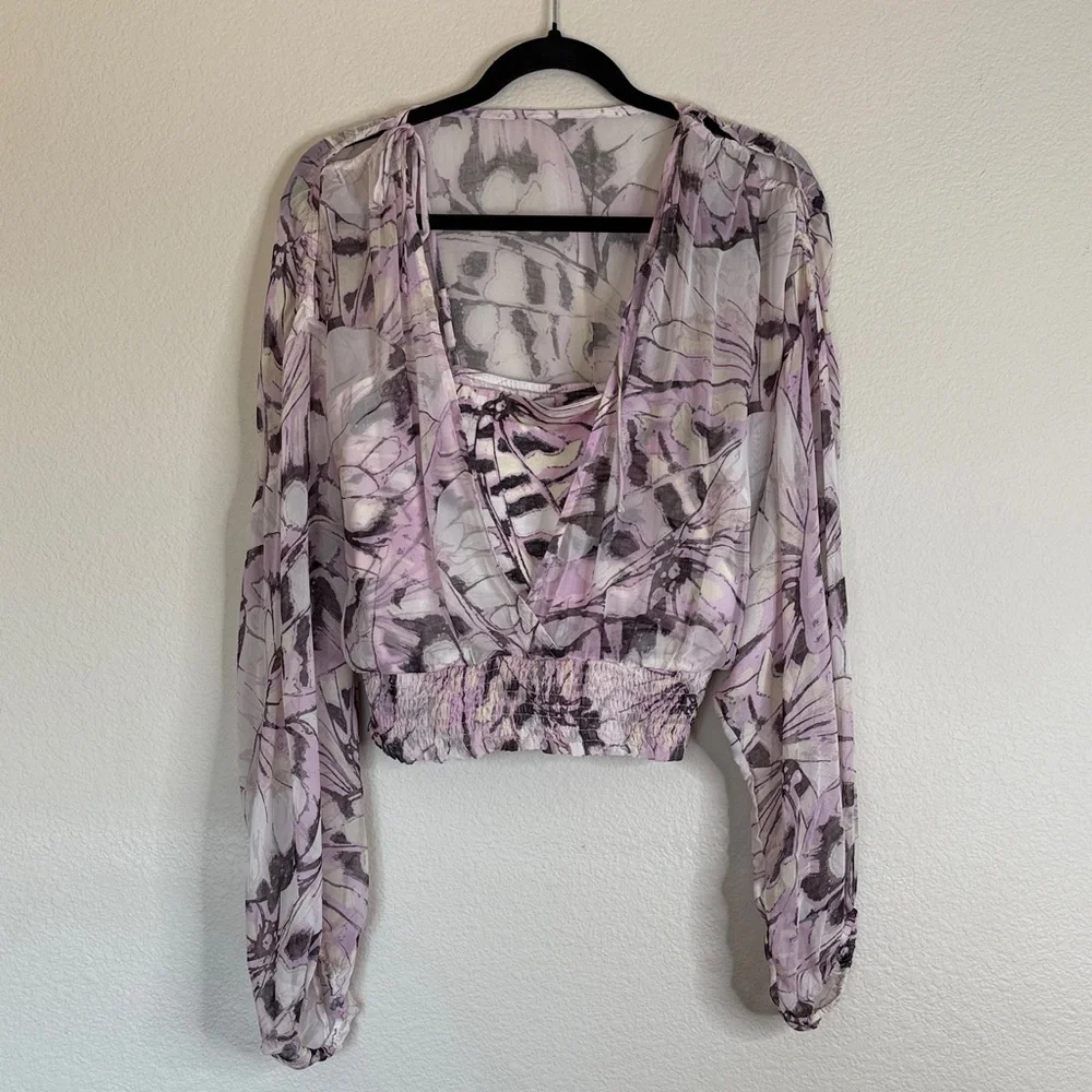 Anthropologie butterfly sheer top long sleeve crop large NWT